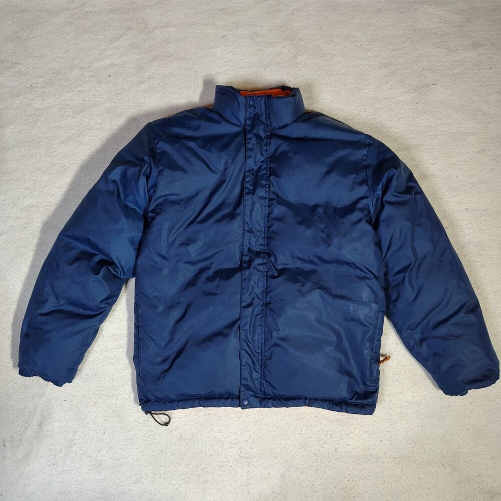 LL Bean Jacket Mens Small Orange Blue Reversible Goose Down Parka